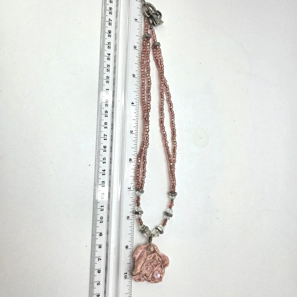 Pink Rose Pendant‎ Necklace Two Strand Seed Bead Crystal Accent Toggle Clasp